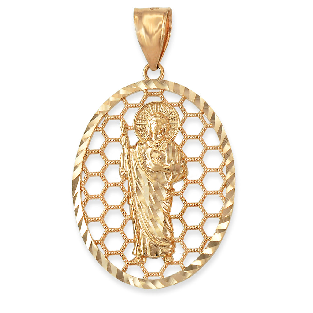 Gold Saint Jude Oval Honeycomb DC Pendant (yellow, white, rose, 2-tone, 10k, 14k) Karma Blingz