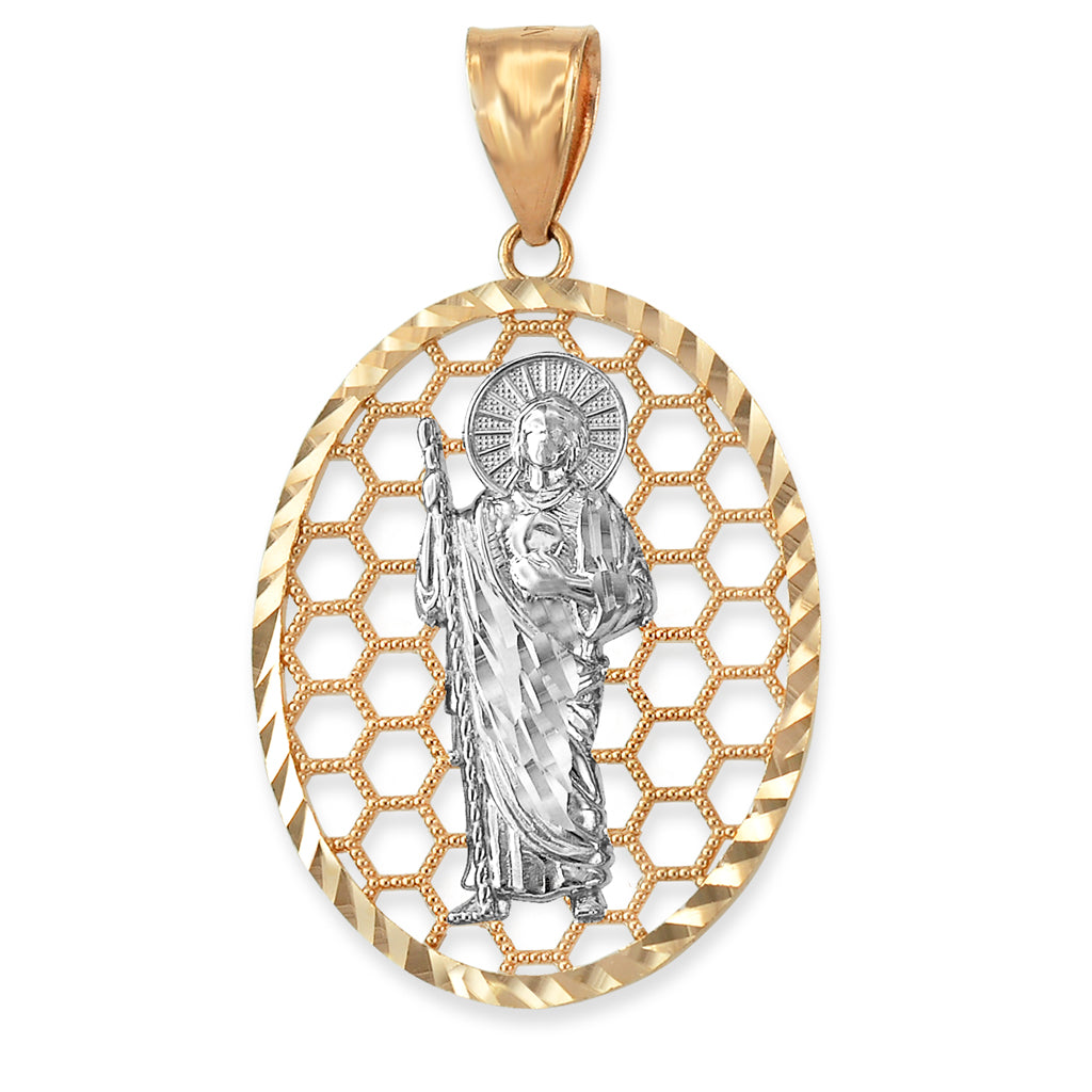Gold Saint Jude Oval Honeycomb DC Pendant (yellow, white, rose, 2-tone, 10k, 14k) Karma Blingz