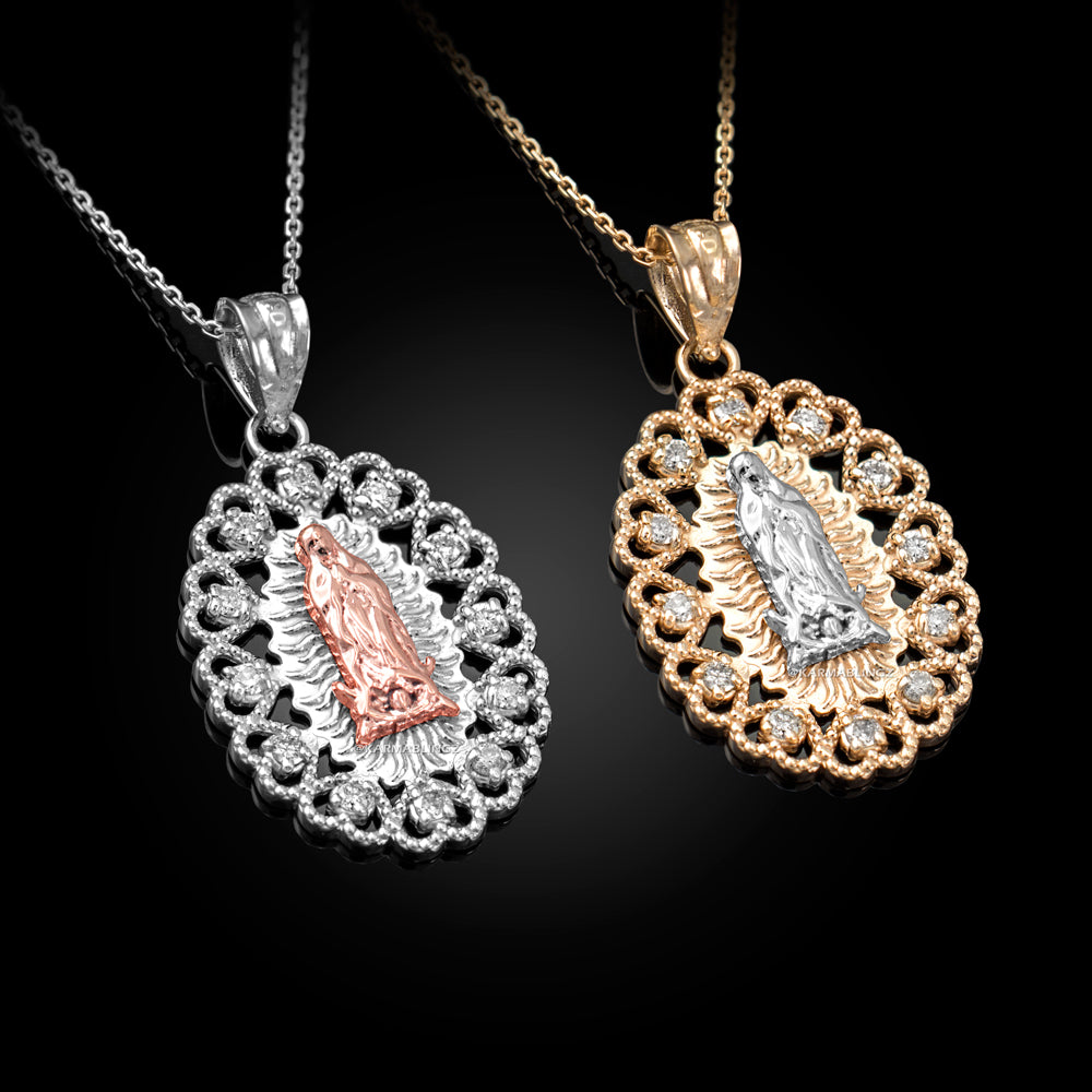 Gold Virgin Mary Our Lady of Guadalupe Filigree CZ Pendant Necklace Karma Blingz