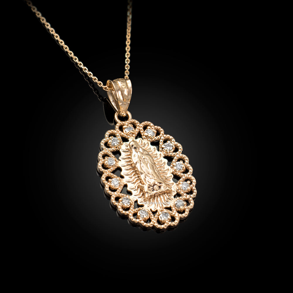 Gold Virgin Mary Our Lady of Guadalupe Filigree CZ Pendant Necklace Karma Blingz