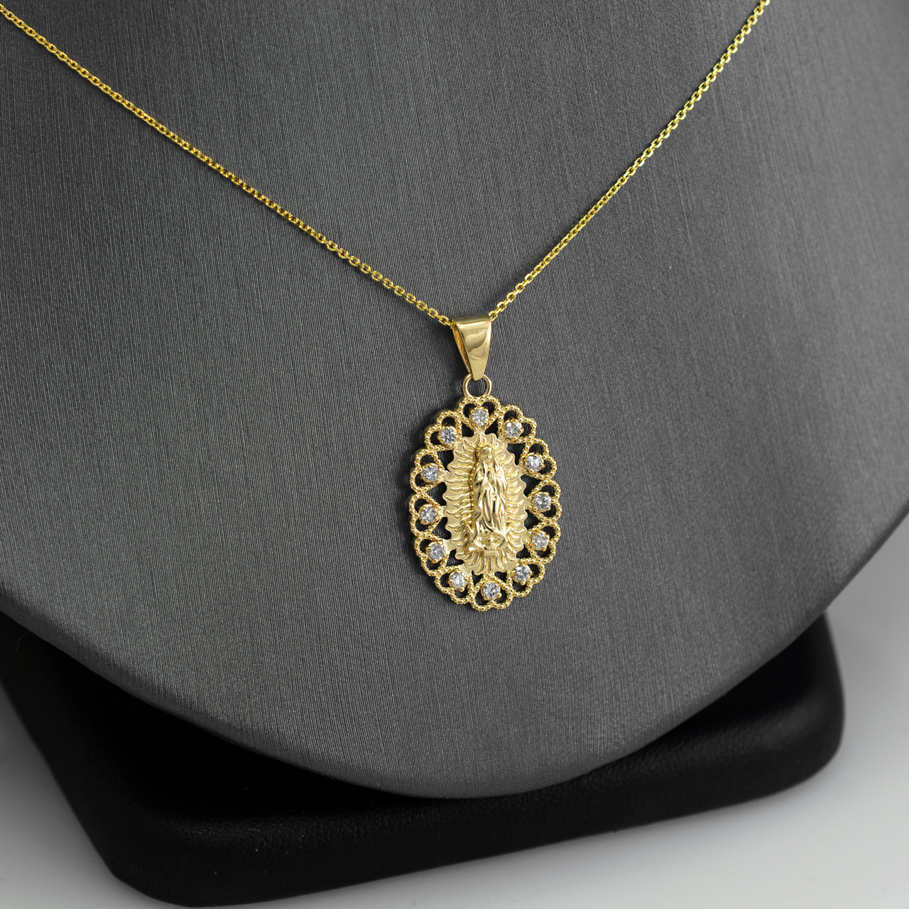 Gold Virgin Mary Our Lady of Guadalupe Filigree CZ Pendant Necklace Karma Blingz