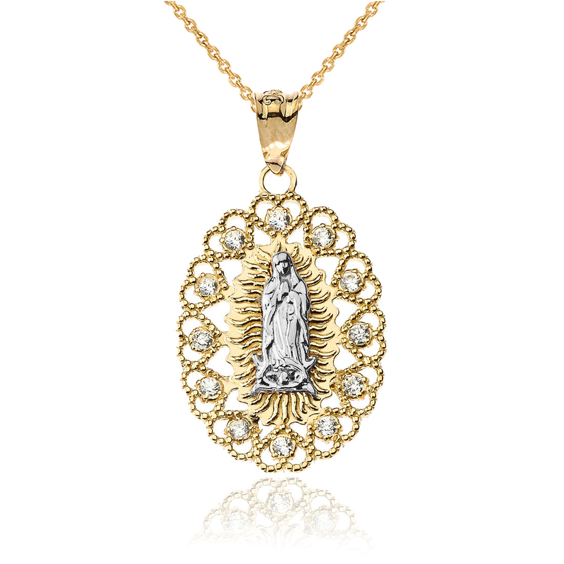 Gold Virgin Mary Our Lady of Guadalupe Filigree CZ Pendant Necklace Karma Blingz