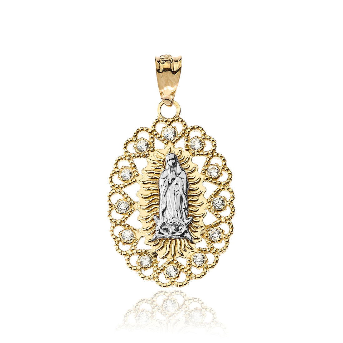 Gold Virgin Mary Our Lady of Guadalupe Filigree CZ Pendant Necklace Karma Blingz