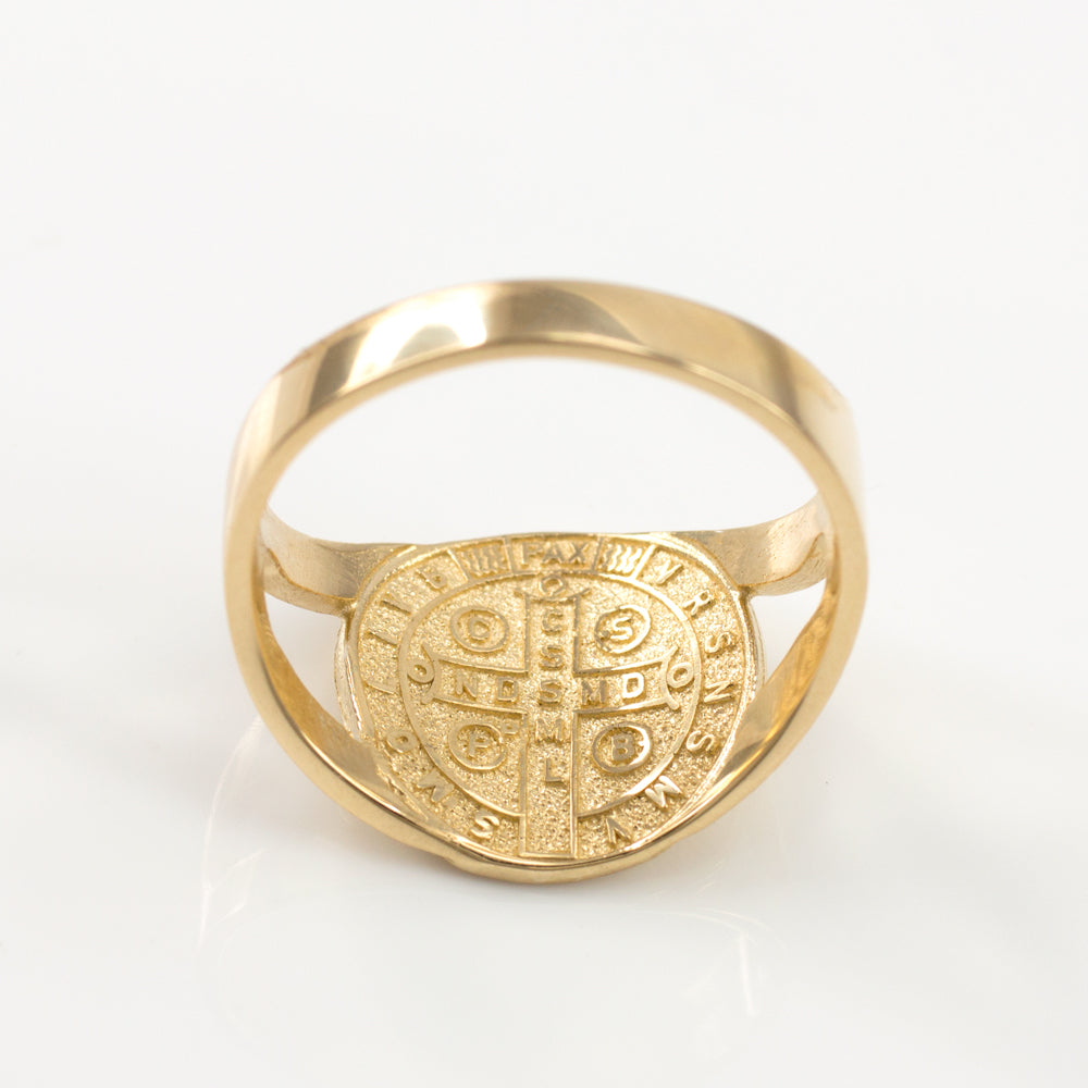Yellow Gold Saint Benedict Medallion Womens Ring Karma Blingz
