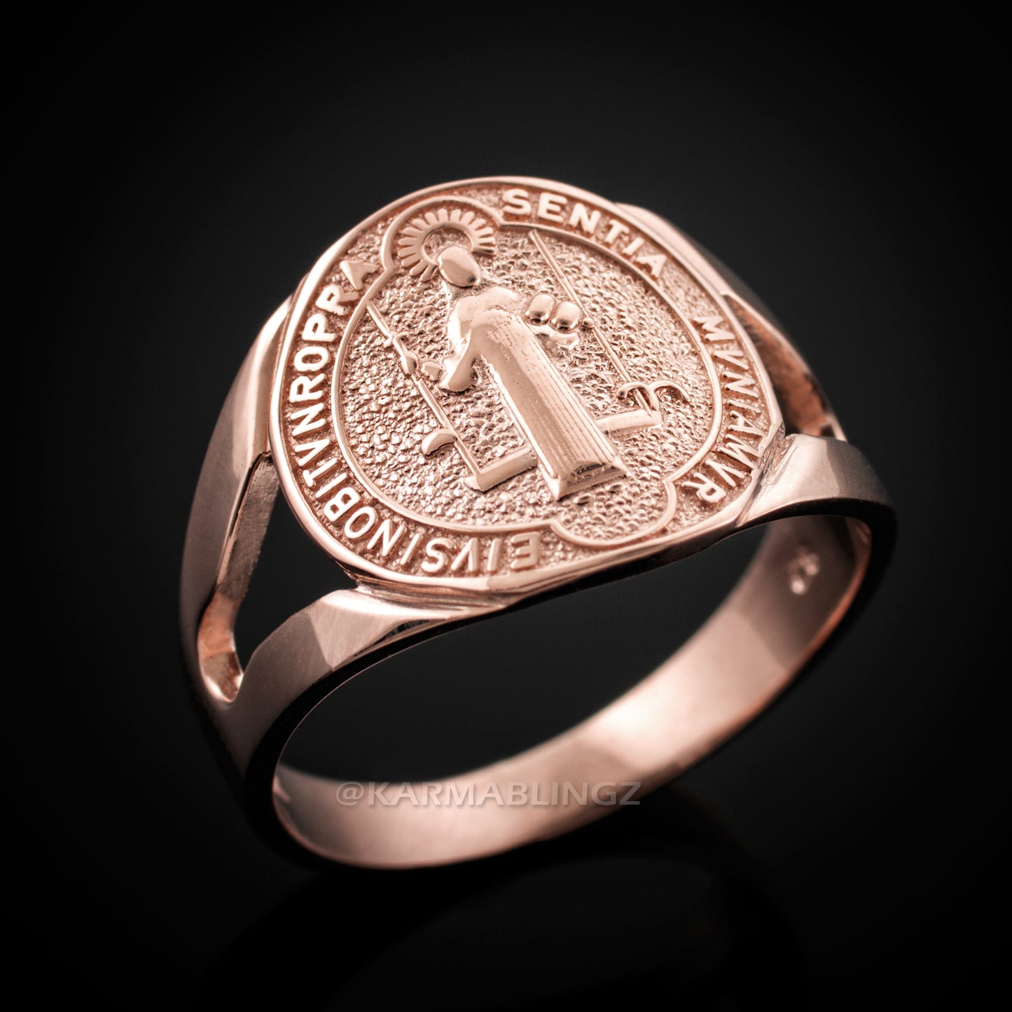 Rose Gold Saint Benedict Medallion Womens Ring Karma Blingz