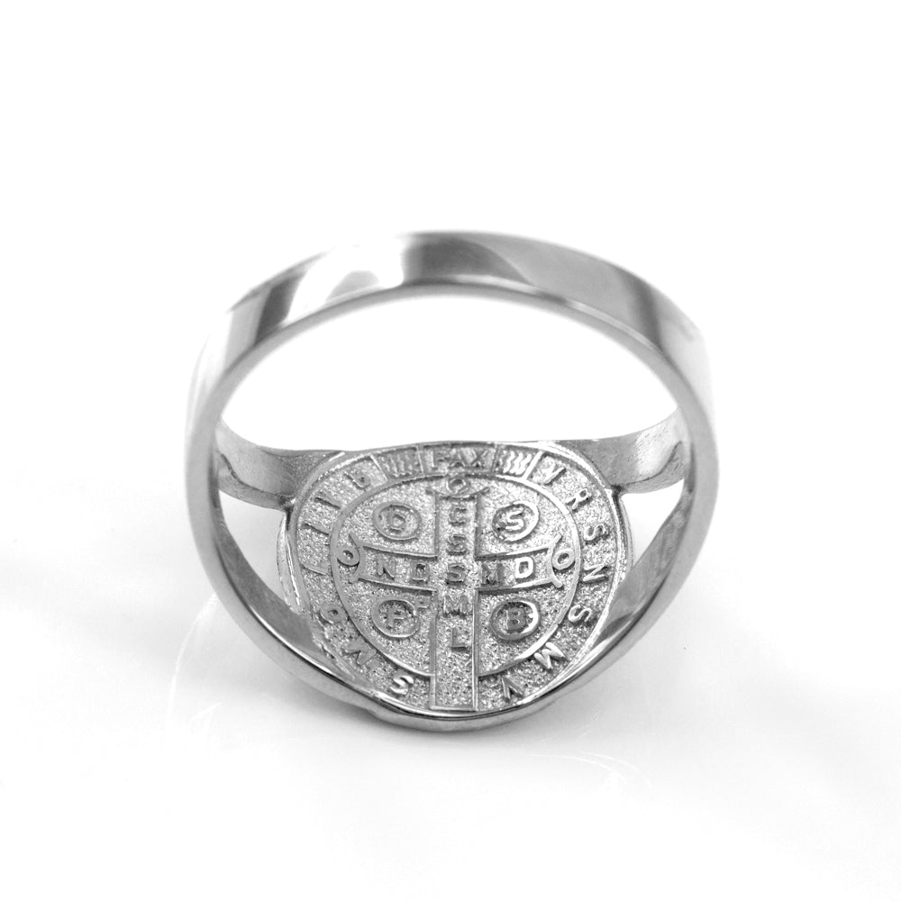 White Gold Saint Benedict Medallion Womens Ring Karma Blingz