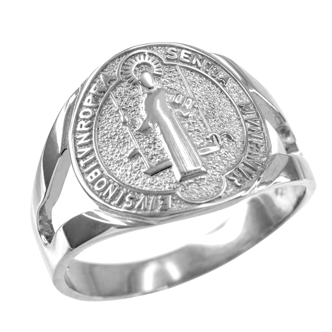 White Gold Saint Benedict Medallion Womens Ring Karma Blingz