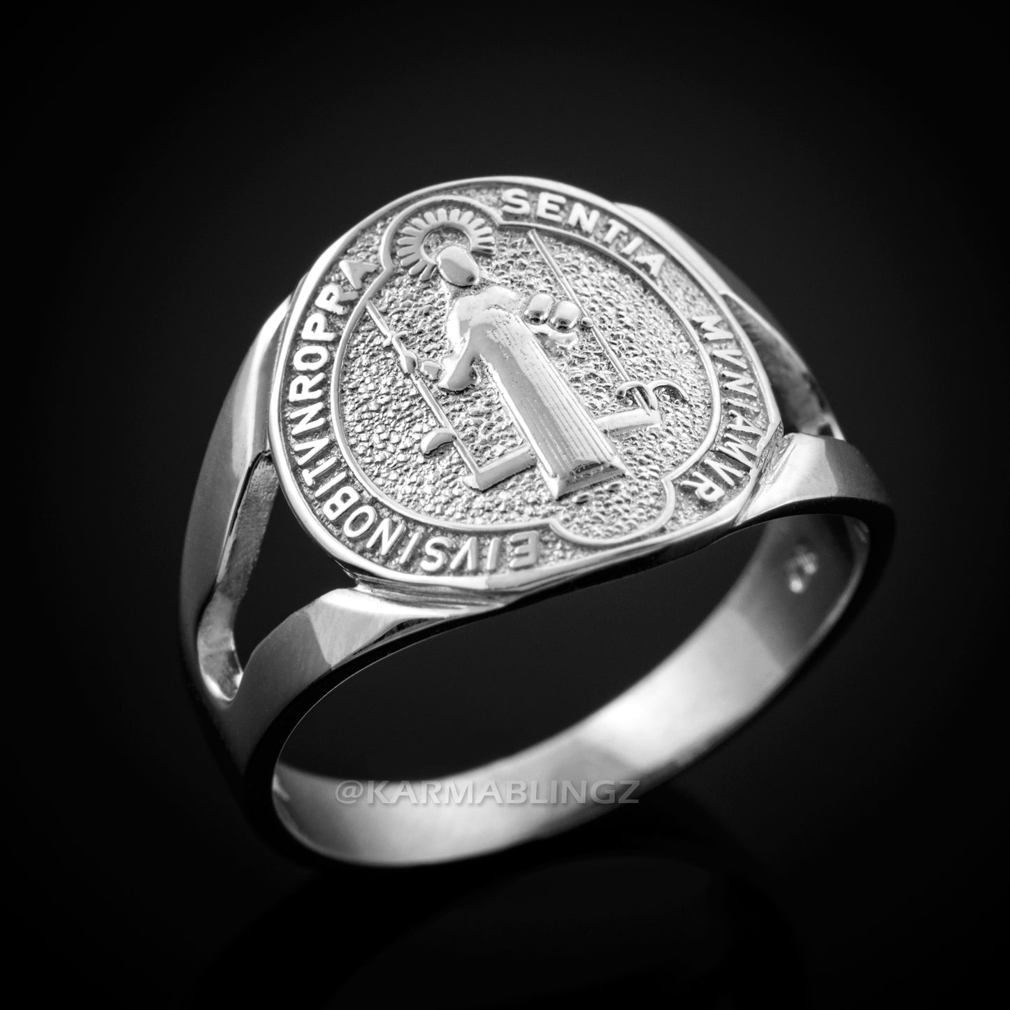 White Gold Saint Benedict Medallion Womens Ring Karma Blingz