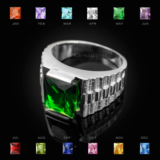 10K White Gold Men's Square CZ Birthstone Ring Karma Blingz