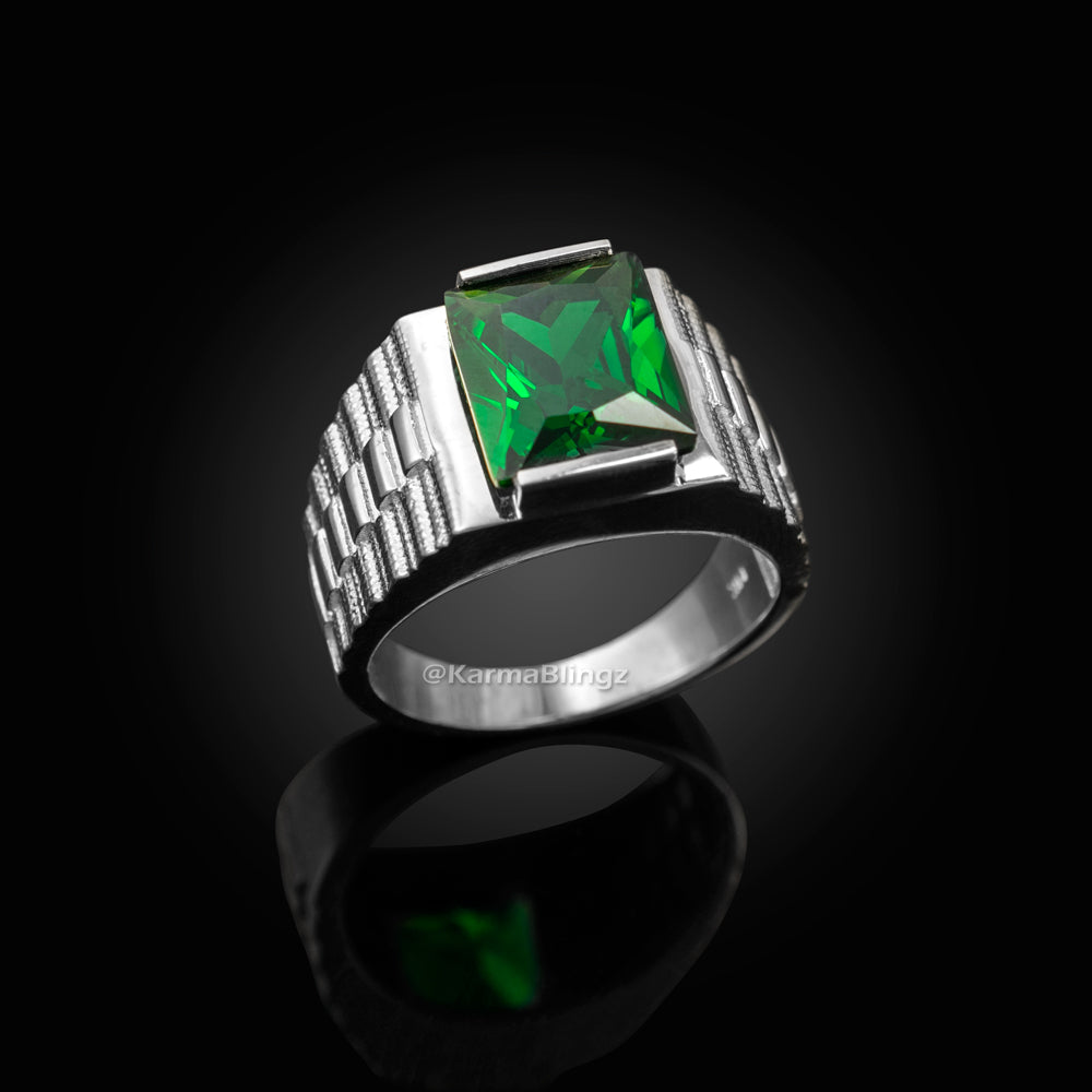 10K White Gold Men's Square CZ Birthstone Ring Karma Blingz