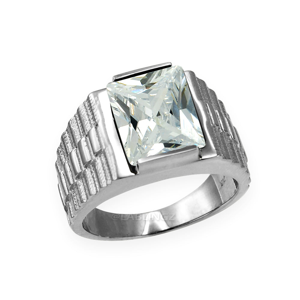 10K White Gold Men's Square CZ Birthstone Ring Karma Blingz
