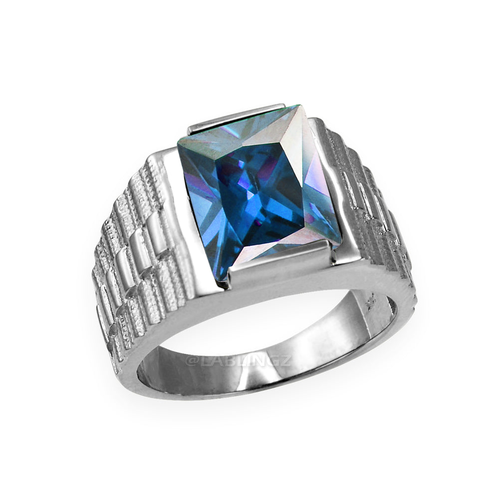 10K White Gold Men's Square CZ Birthstone Ring Karma Blingz