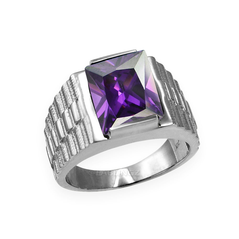 10K White Gold Men's Square CZ Birthstone Ring Karma Blingz
