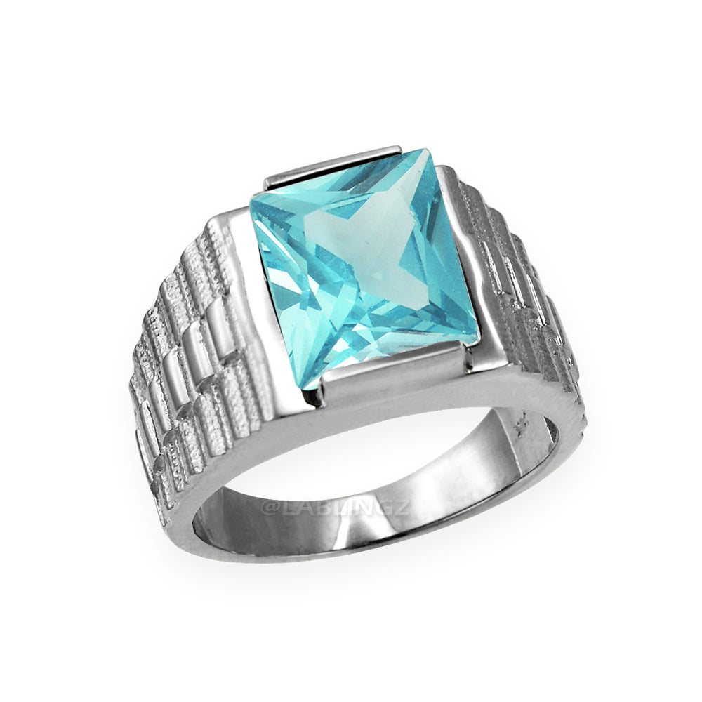 10K White Gold Men's Square CZ Birthstone Ring Karma Blingz