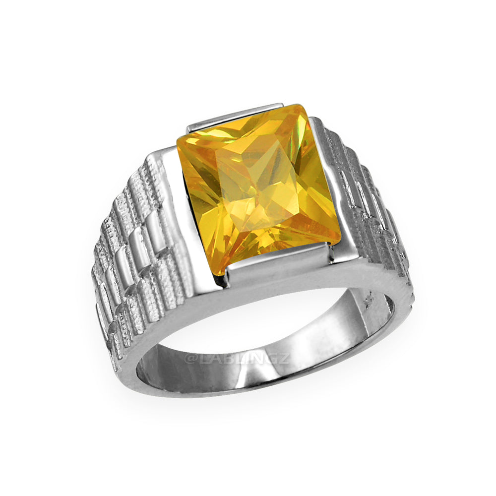 10K White Gold Men's Square CZ Birthstone Ring Karma Blingz