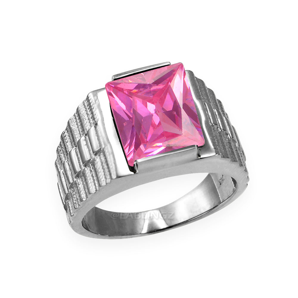 10K White Gold Men's Square CZ Birthstone Ring Karma Blingz