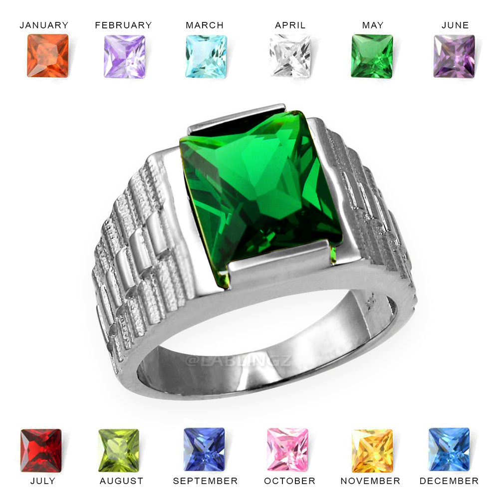 10K White Gold Men's Square CZ Birthstone Ring Karma Blingz