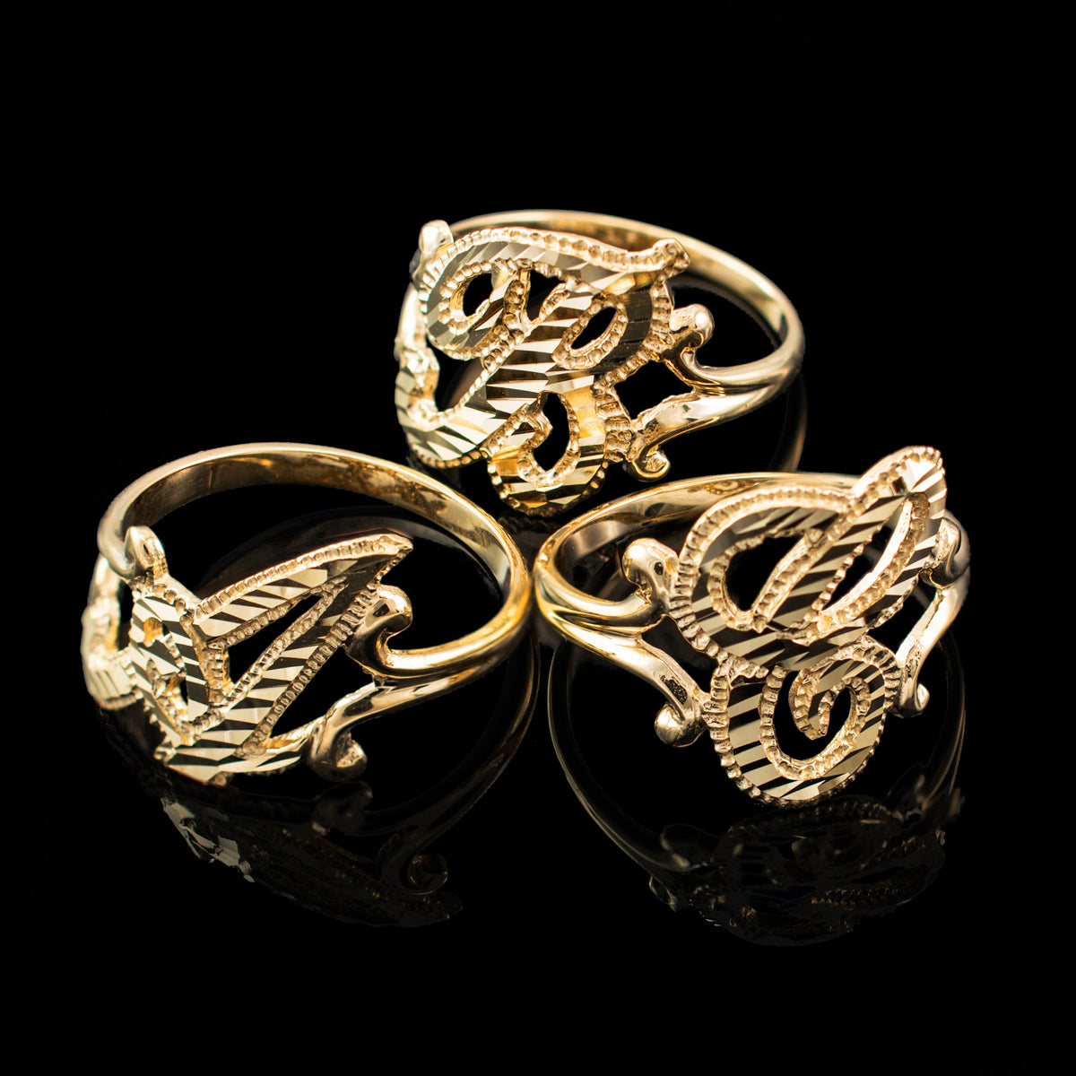 10K Yellow Gold Sparkle-Cut Letter Initial Script Ring Karma Blingz