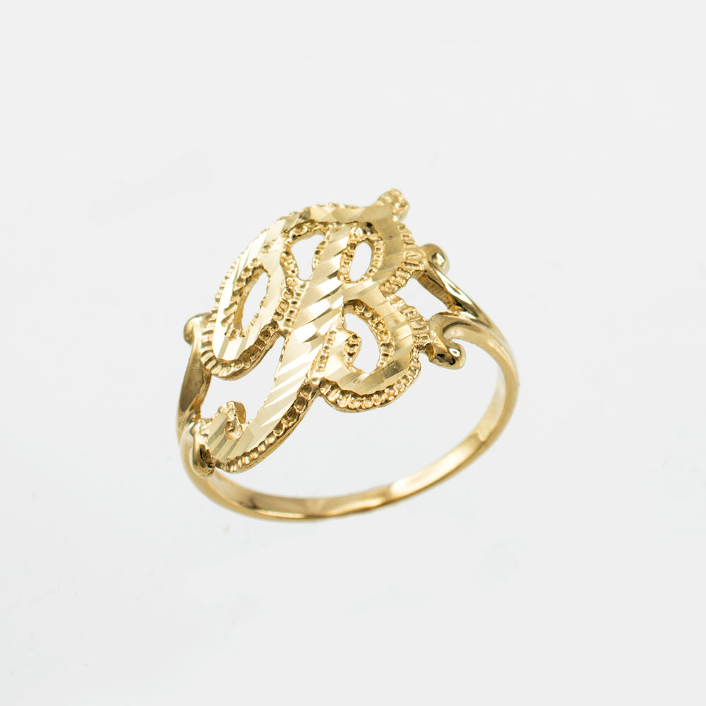 10K Yellow Gold Sparkle-Cut Letter Initial Script Ring Karma Blingz