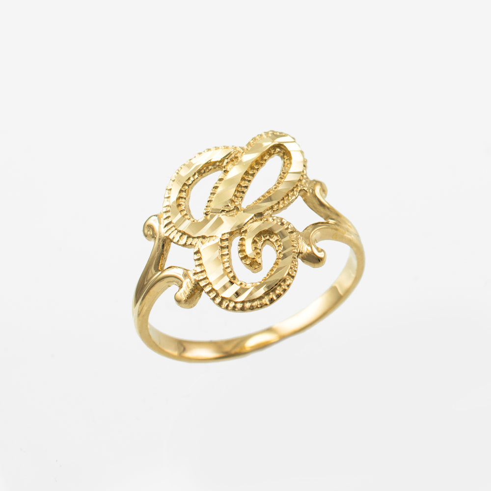 10K Yellow Gold Sparkle-Cut Letter Initial Script Ring Karma Blingz