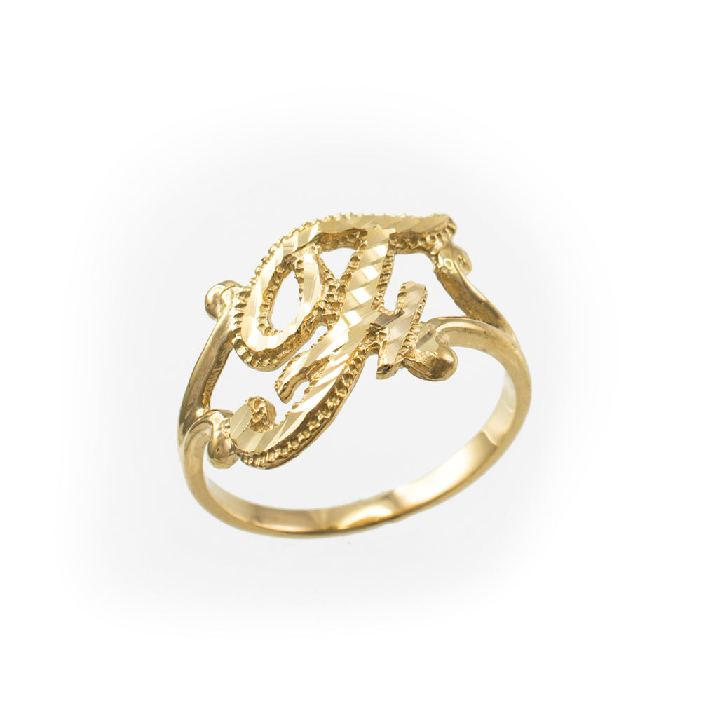 10K Yellow Gold Sparkle-Cut Letter Initial Script Ring Karma Blingz