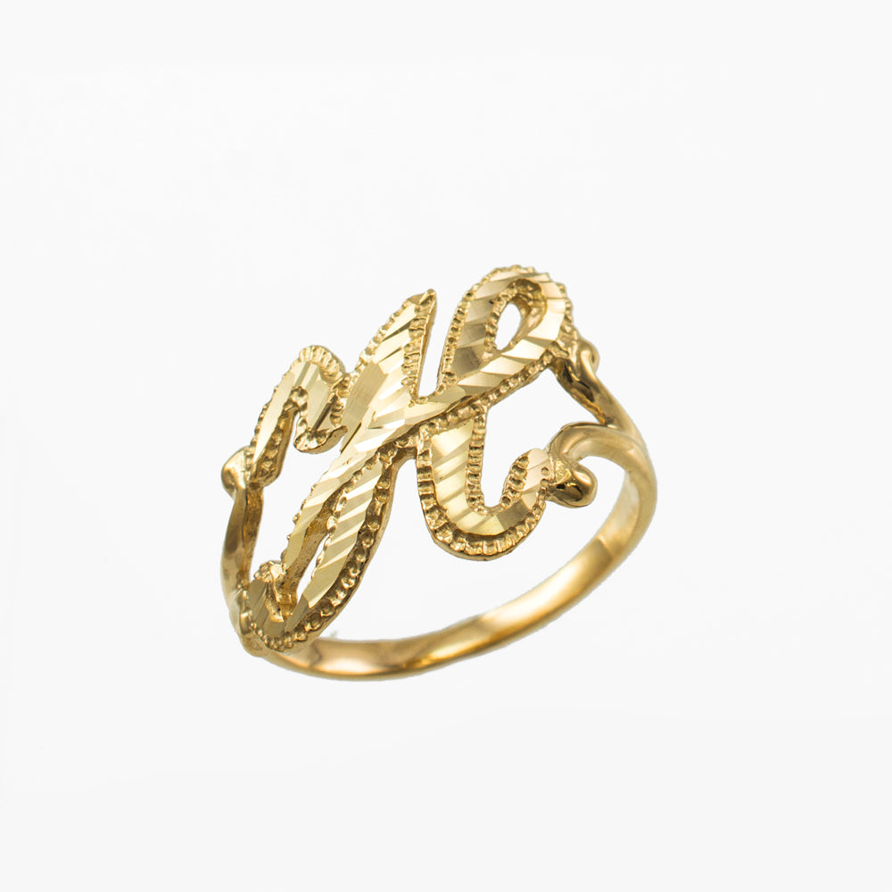 10K Yellow Gold Sparkle-Cut Letter Initial Script Ring Karma Blingz