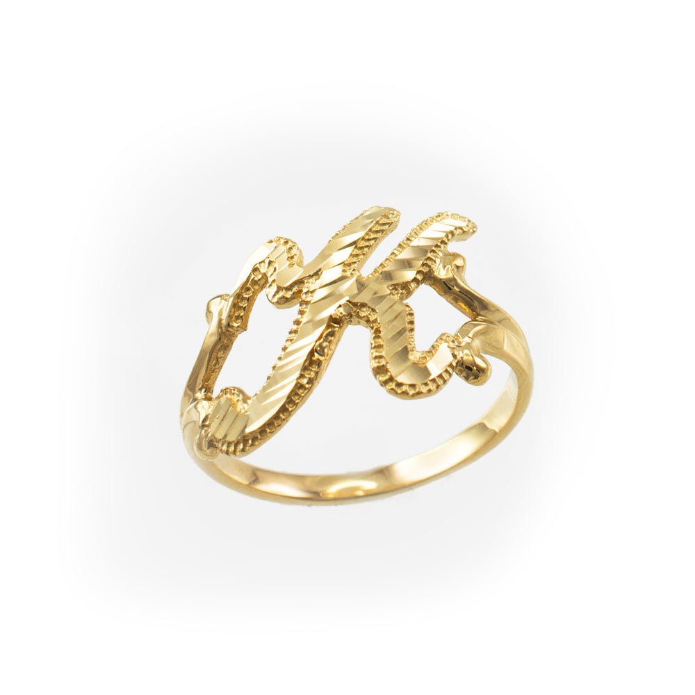 10K Yellow Gold Sparkle-Cut Letter Initial Script Ring Karma Blingz