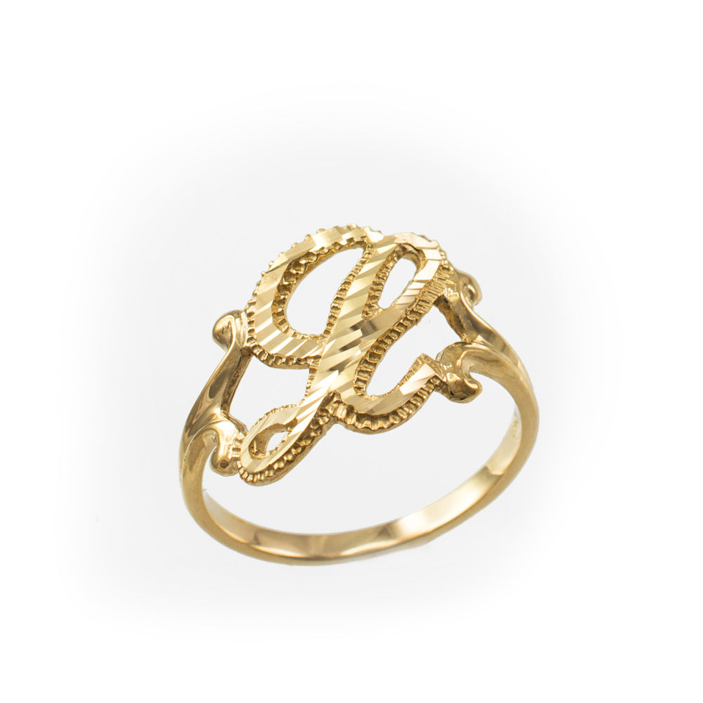 10K Yellow Gold Sparkle-Cut Letter Initial Script Ring Karma Blingz