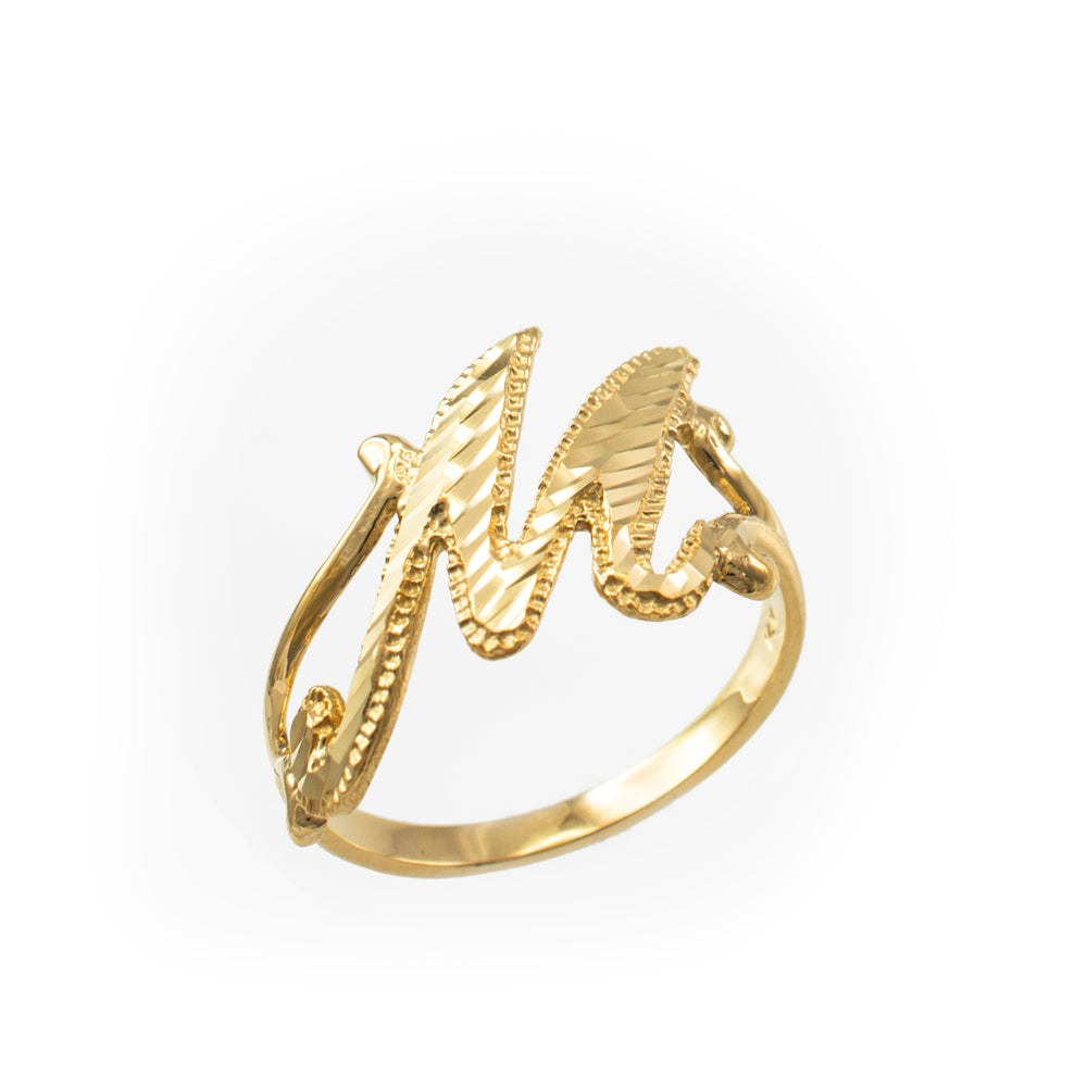 10K Yellow Gold Sparkle-Cut Letter Initial Script Ring Karma Blingz