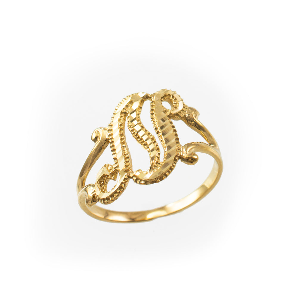 10K Yellow Gold Sparkle-Cut Letter Initial Script Ring Karma Blingz