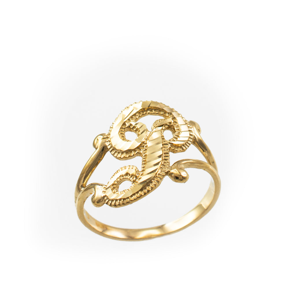 10K Yellow Gold Sparkle-Cut Letter Initial Script Ring Karma Blingz