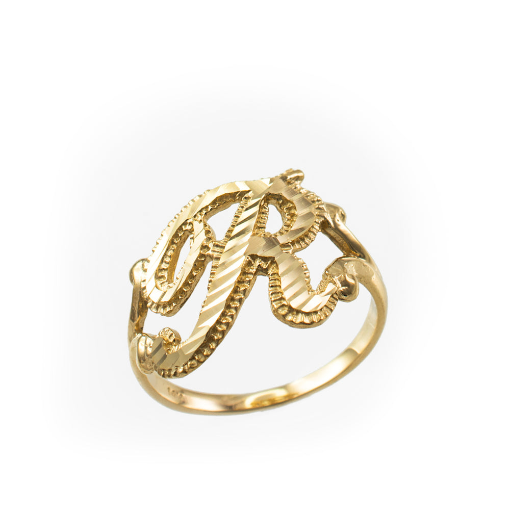 10K Yellow Gold Sparkle-Cut Letter Initial Script Ring Karma Blingz