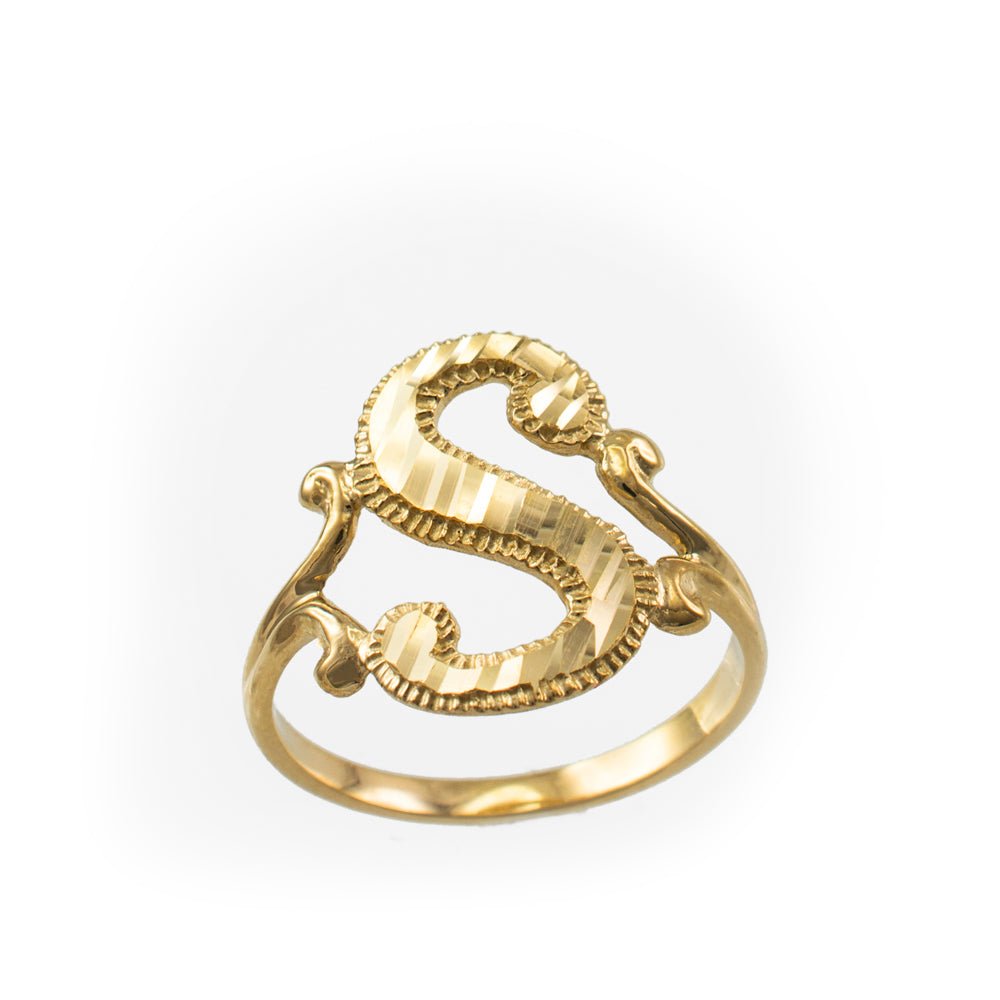 10K Yellow Gold Sparkle-Cut Letter Initial Script Ring Karma Blingz