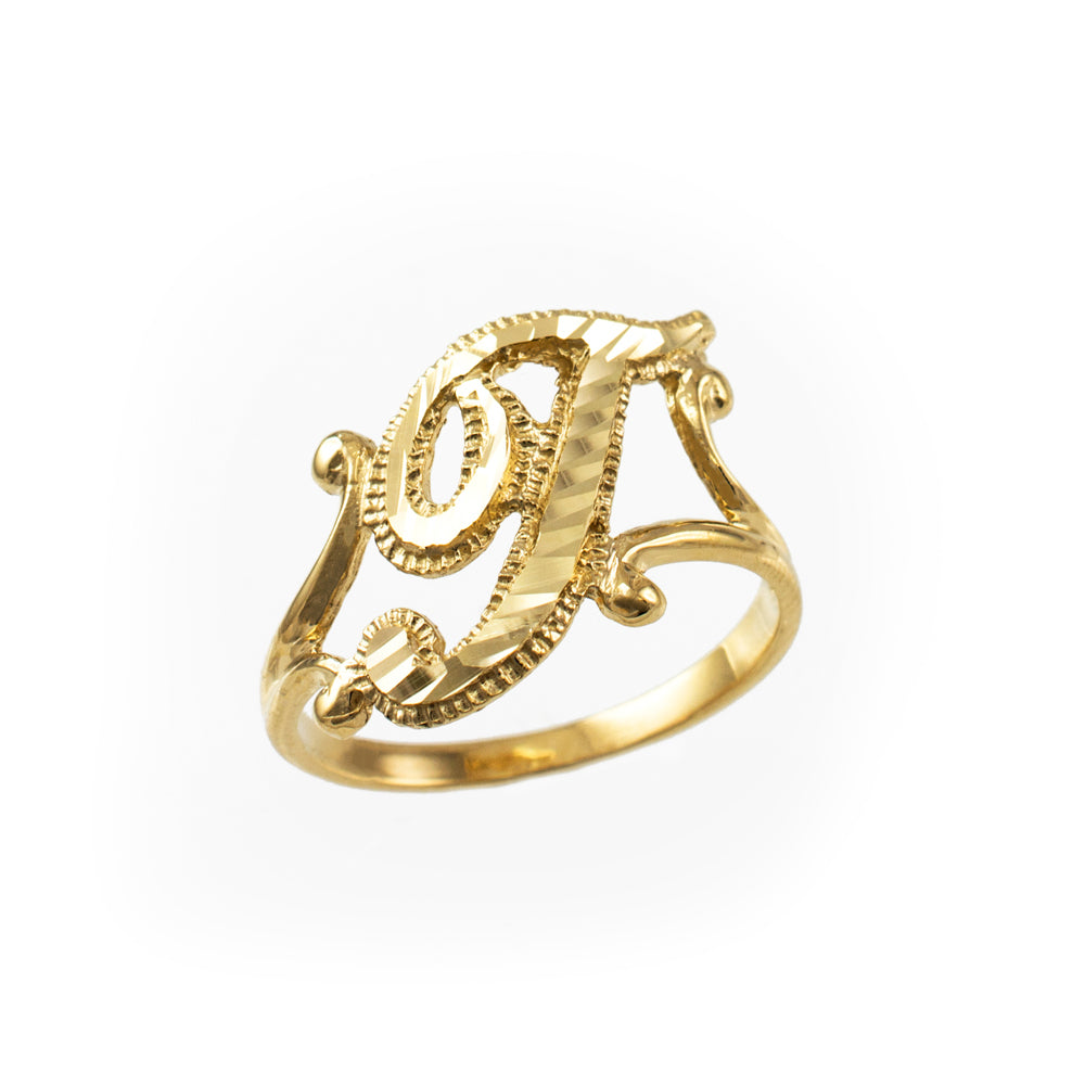 10K Yellow Gold Sparkle-Cut Letter Initial Script Ring Karma Blingz