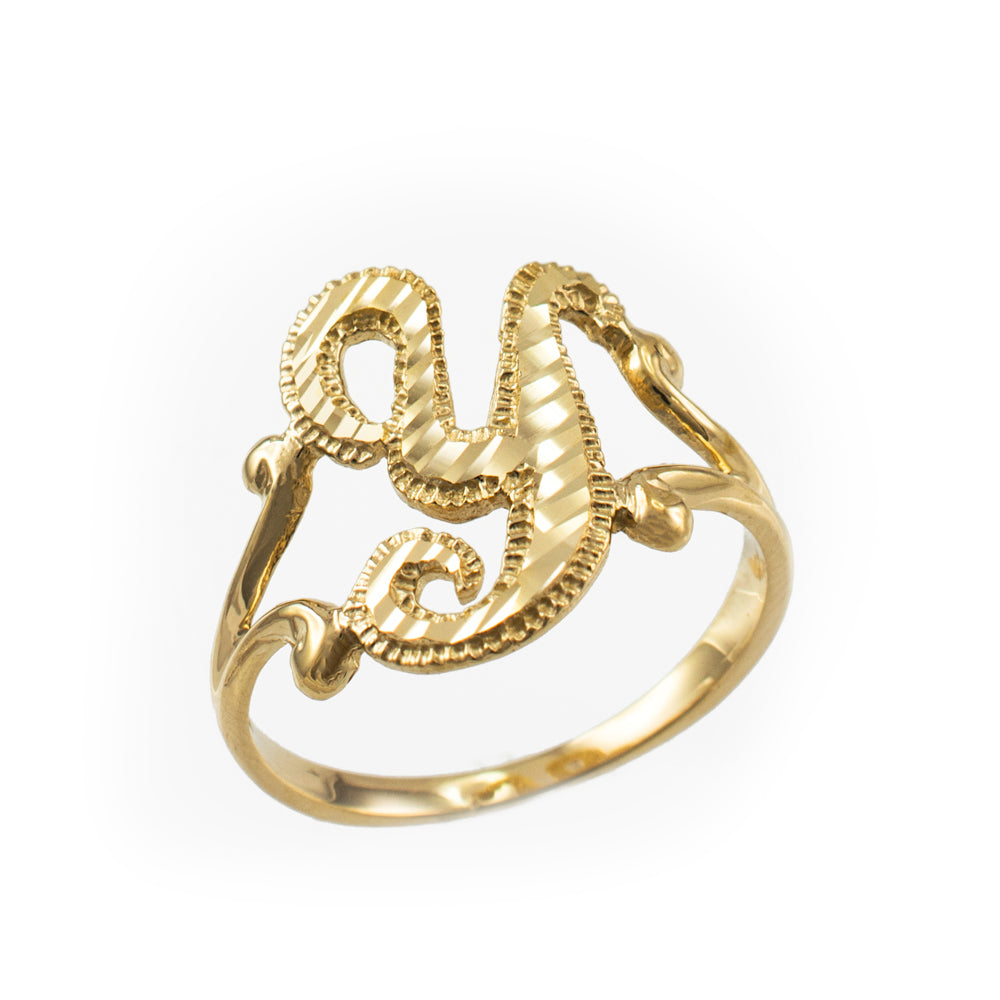 10K Yellow Gold Sparkle-Cut Letter Initial Script Ring Karma Blingz