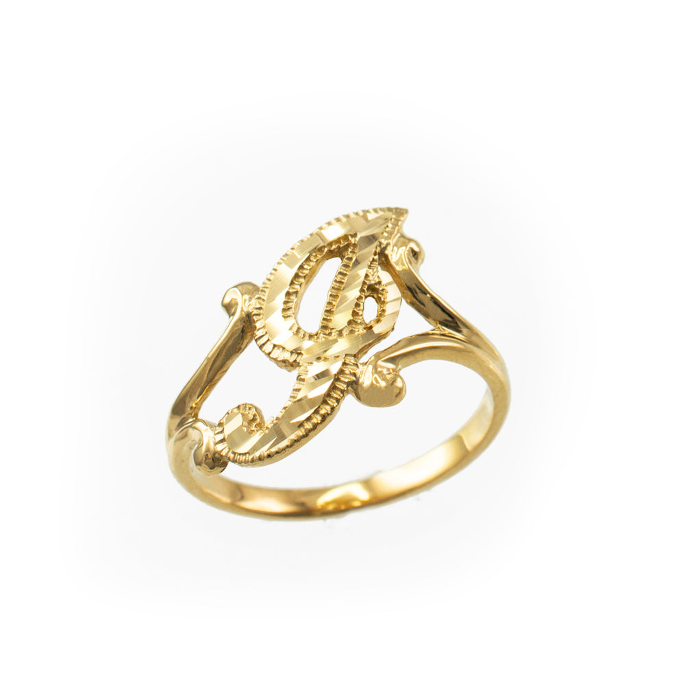 10K Yellow Gold Sparkle-Cut Letter Initial Script Ring Karma Blingz
