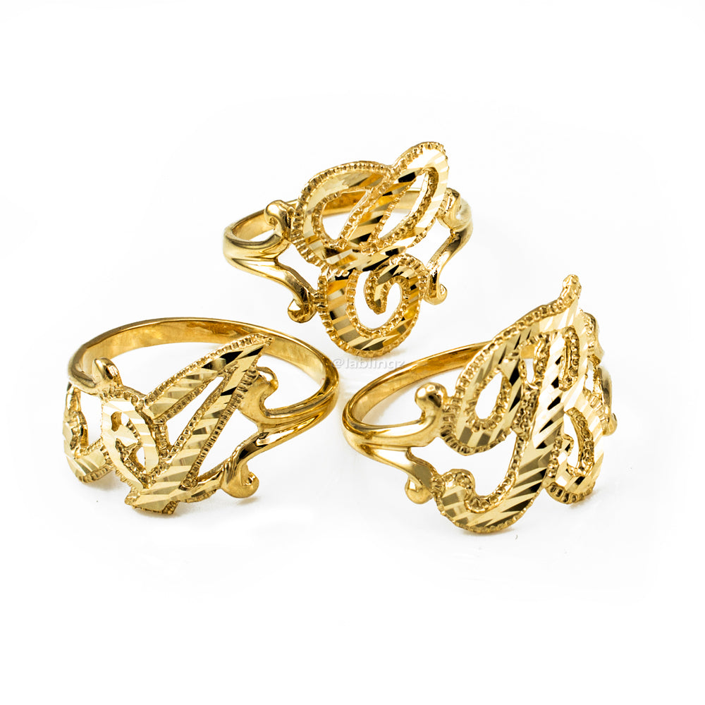 10K Yellow Gold Sparkle-Cut Letter Initial Script Ring Karma Blingz