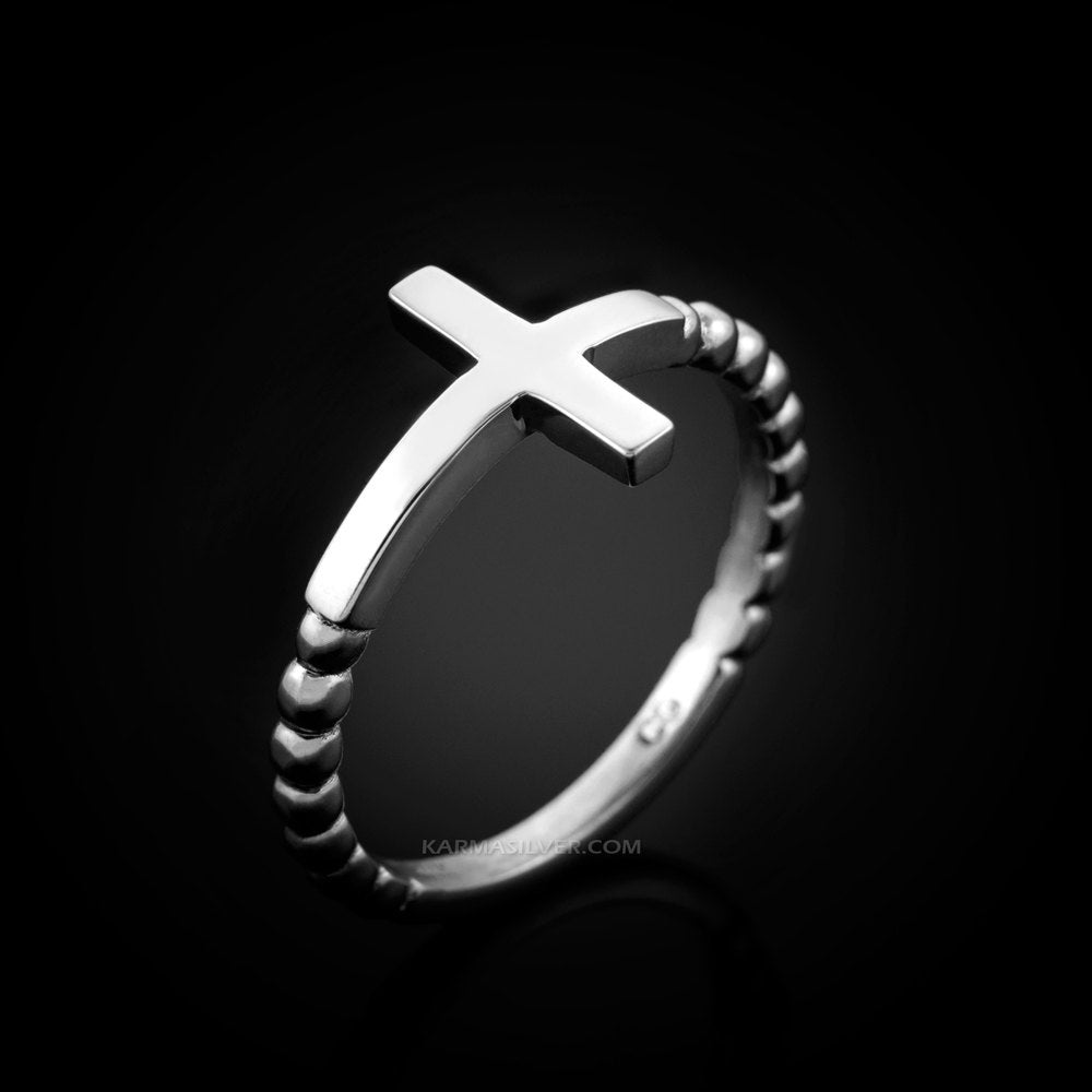 Polished Sterling Silver Sideways Cross Ladies Ring Karma Blingz