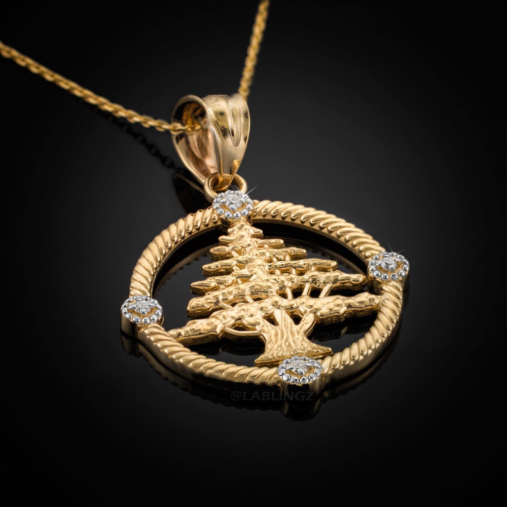 Gold Cedar Tree of Lebanon Diamond Pendant Necklace (10k, 14k, yellow, white, rose gold) Karma Blingz