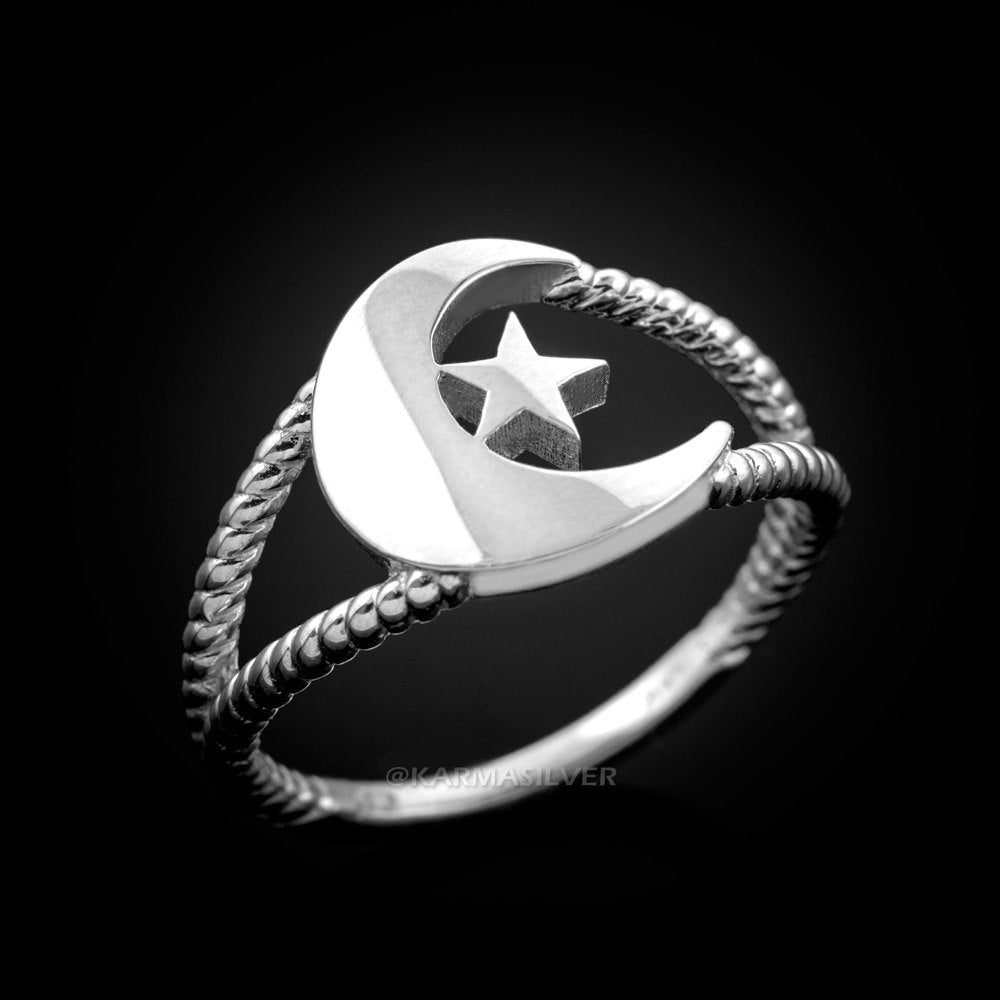 925 Sterling Silver Crescent Moon Dainty Islamic Ring Karma Blingz