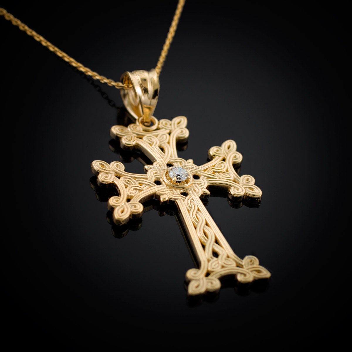 Gold Armenian Cross Diamond Solitaire Pendant Necklace (10k, 14k, yellow, white, rose gold) Karma Blingz