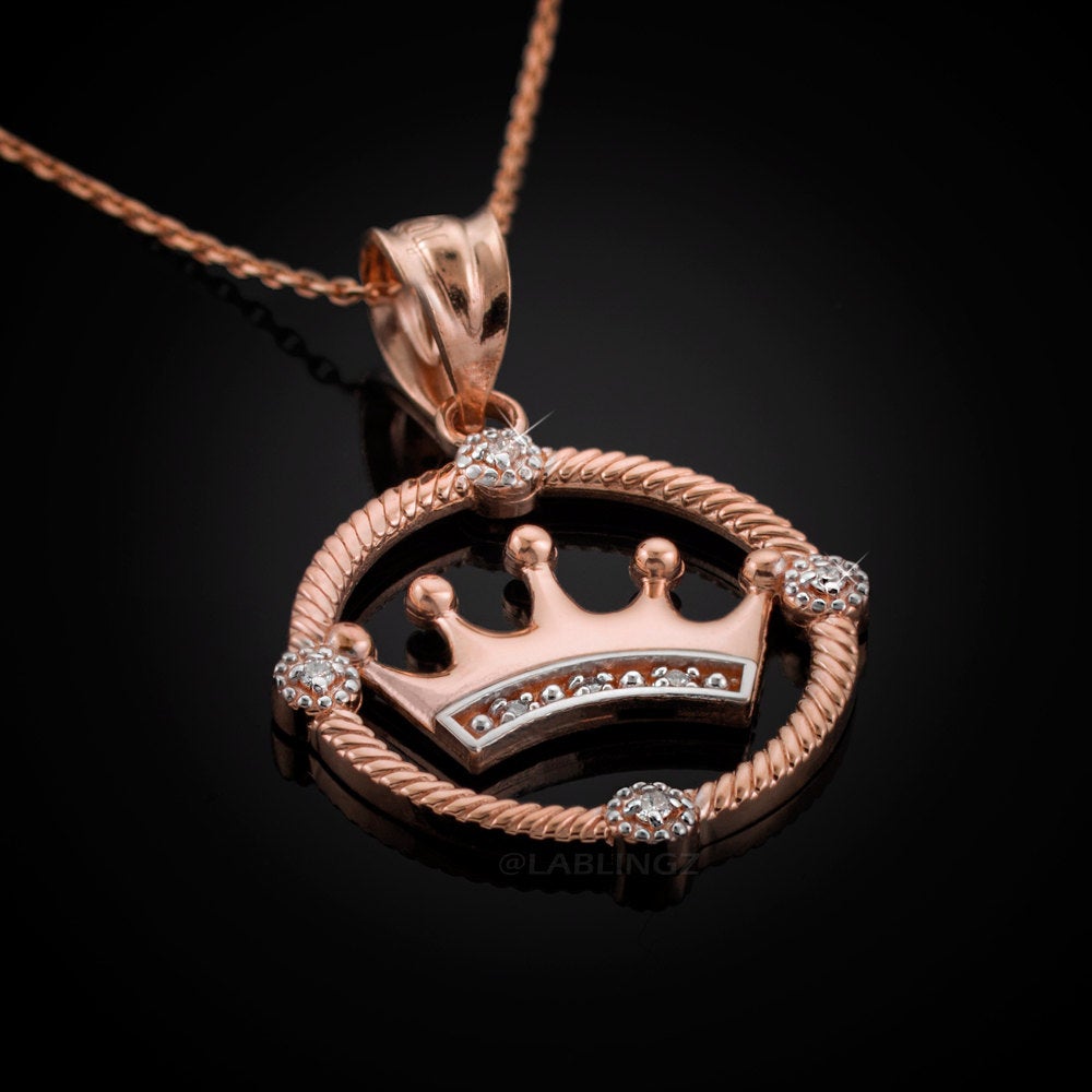 Gold Quinceanera Crown Diamond Pendant Necklace (10k, 14k, yellow, white, rose gold) Karma Blingz