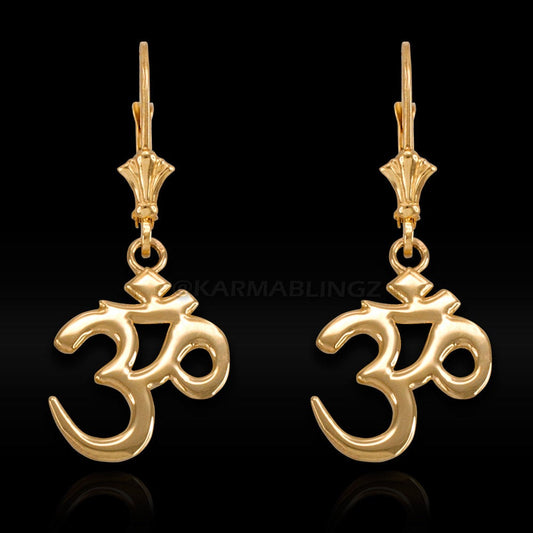 14K Gold Om (Aum) Yoga Earrings (yellow, white, rose gold) Karma Blingz
