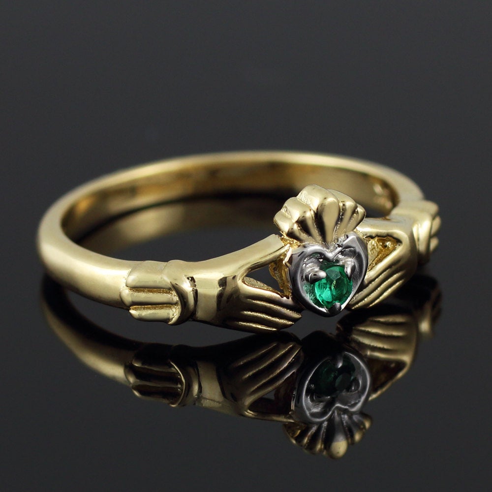 Yellow Gold Claddagh Promise Ring with Genuine Emerald Center Stone Karma Blingz