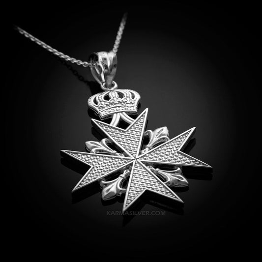 Sterling Silver Fleur-de-Lis Imperial Maltese Cross Pendant Necklace Karma Blingz