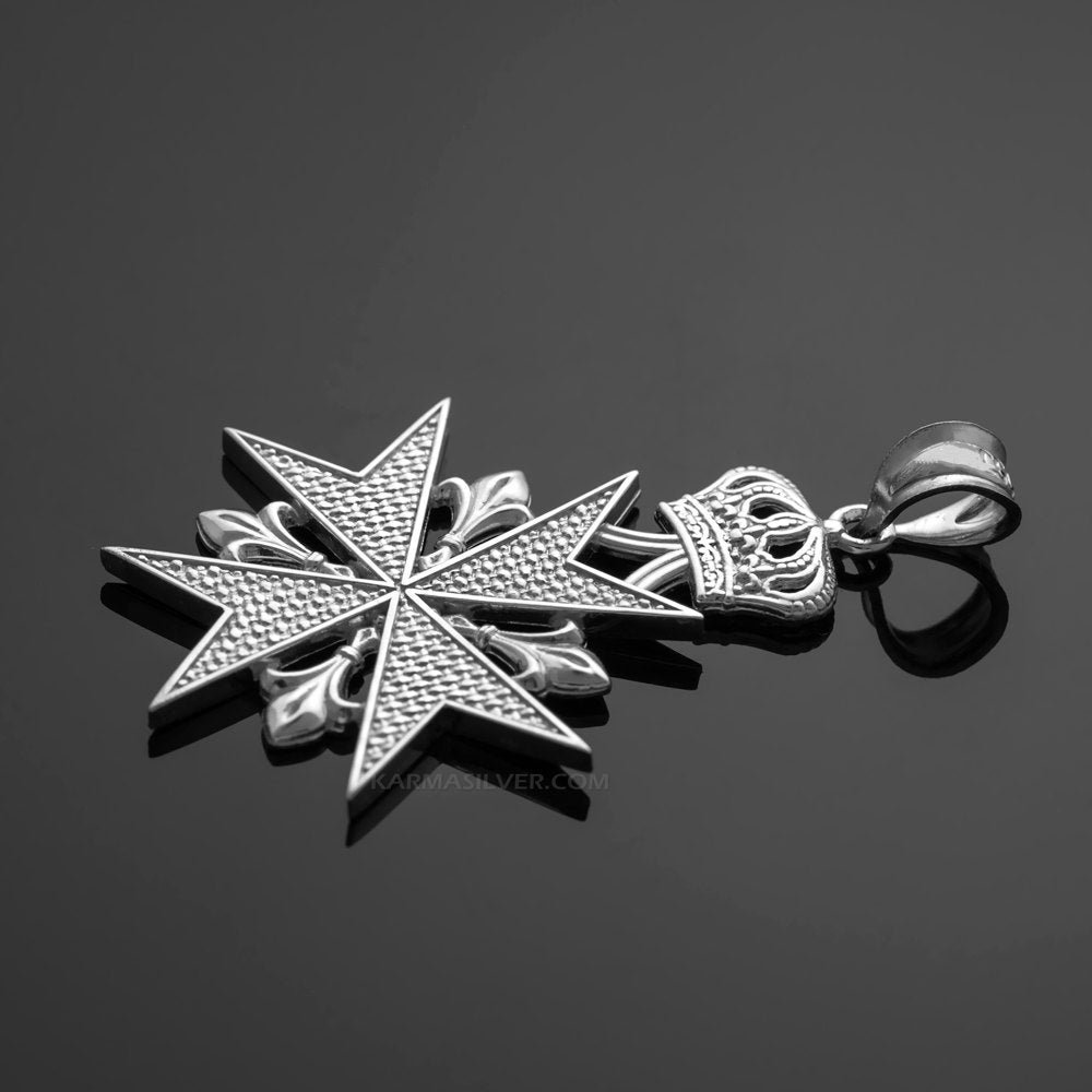Sterling Silver Fleur-de-Lis Imperial Maltese Cross Pendant Necklace Karma Blingz