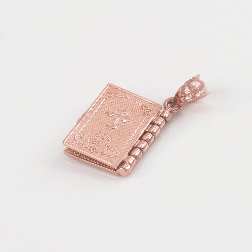 Gold Holy Bible 3D Book Christian Pendant Necklace (yellow gold, white gold, 10k, 14k) Karma Blingz