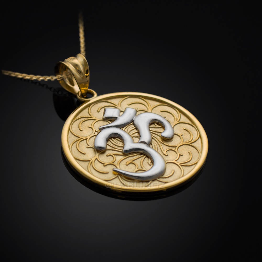 Gold Om (Aum) Yoga Medallion Pendant Necklace (yellow, white, rose