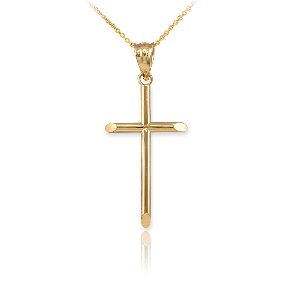 14K Yellow Gold Plain Tube Cross Charm Necklace (3 sizes: S/M/L) Karma Blingz
