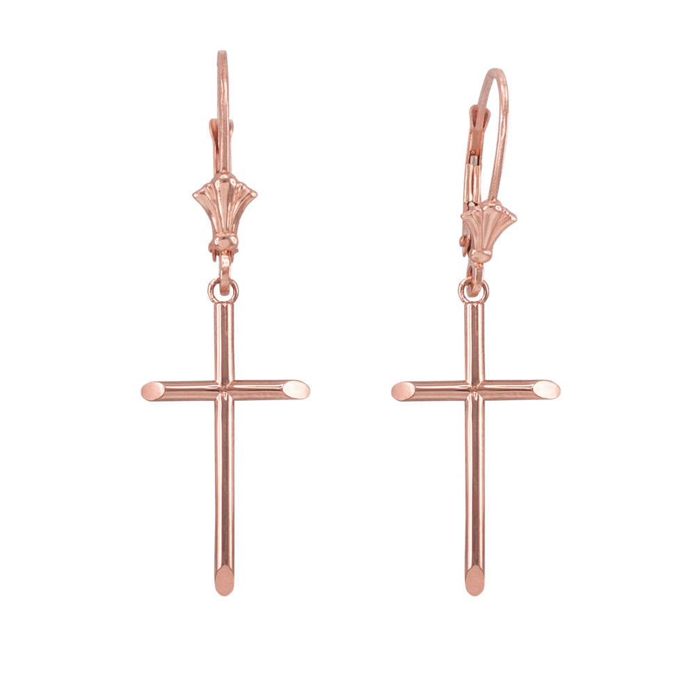 14K Solid Gold Tube Cross Earrings (yellow, white, rose gold) Karma Blingz
